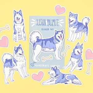 Adesivos Malamute do Alasca - Adesivos de cachorro fofos - Conjunto de adesivos de cachorro de desenho animado - Cão de trenó