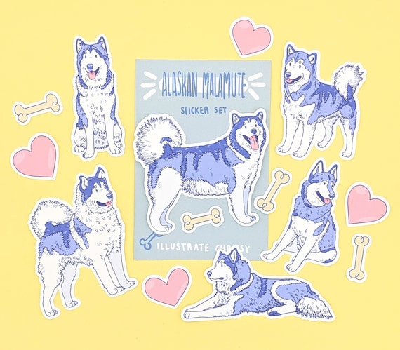 Alaskan Malamute Stickers - Cute Dog Stickers - Cartoon Dog Sticker Set - Sled Dog