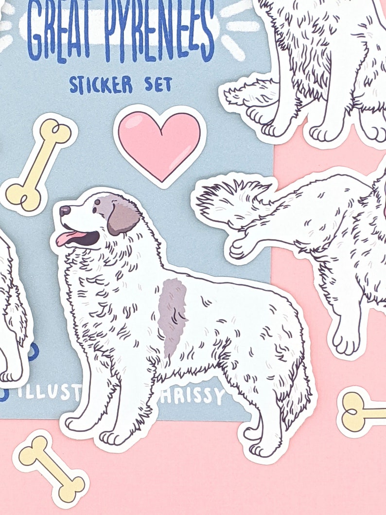 May include: A sticker set featuring Great Pyrenees dogs. The set includes a heart, bones, and two different poses of the dog. The text "Great Pyrenees Sticker Set" is at the top of the image.