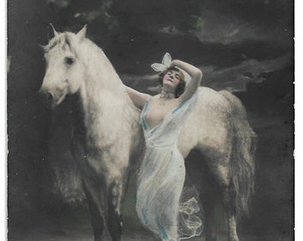 Carte postale ancienne teintée à la main - photographie de cheval vintage - carte postale de cirque - carte postale glamour édouardienne RPPC - Real Photo