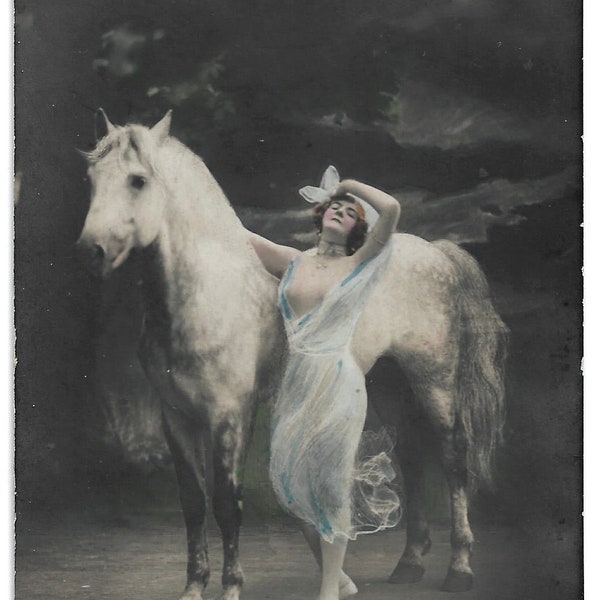 Hand Tinted Antique Postcard - Vintage Horse Photograph - Circus Postcard - Edwardian Glamour Postcard RPPC - Real Photo