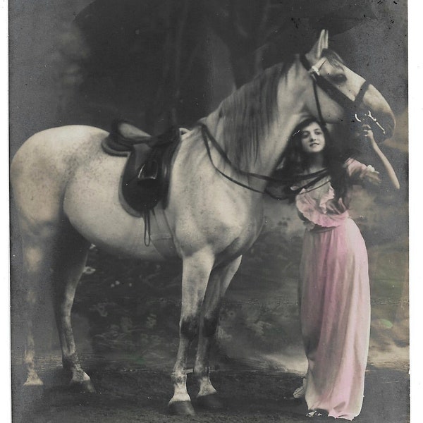 Hand Tinted Antique Postcard - Vintage Horse Photograph - Pretty Antique Postcard - Edwardian Glamour Postcard RPPC - Real Photo