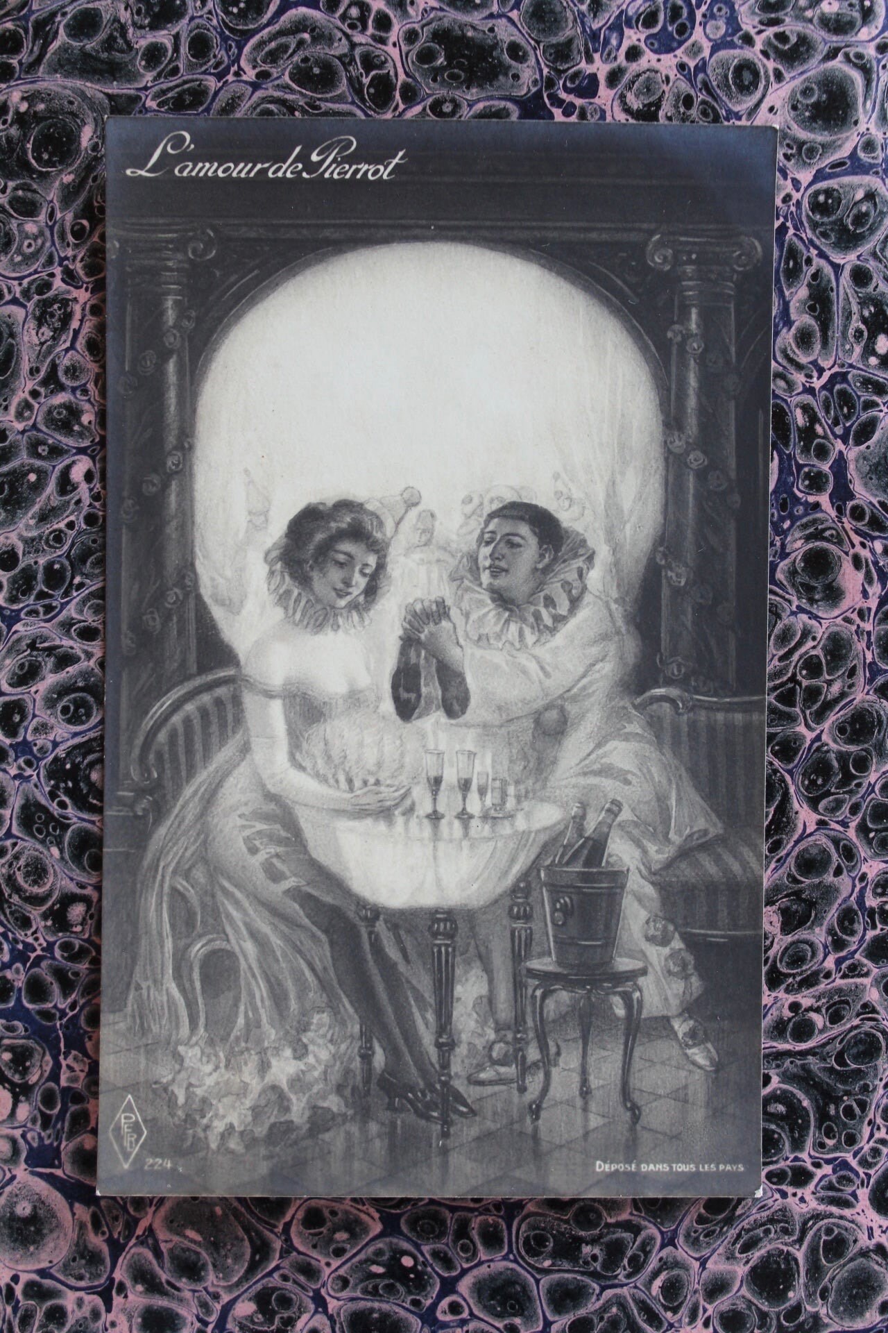 Antique Pierrot Skull Postcard Optical Illusion Postcard Surreal 