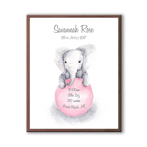 Custom Birth Stat, Baby Elephant, Rose, Baby Girl Gift, Newborn Birth Stats, Watercolor Art Print, EB1006