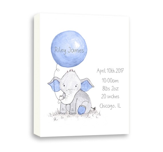 Watercolor Elephant Canvas Art, Personalized Birth Stat Gift, Gift From Gammy, Birth Stat EBE1005C