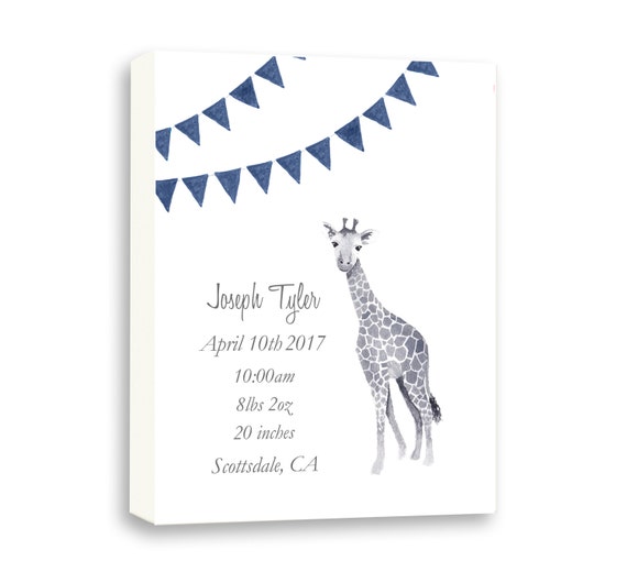Baby Boy Canvas Watercolor Giraffe In Navy, Personalized Birth Announcement Gift for Baby, G1002C