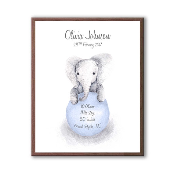 Personalized Custom Birth Stat, Elephant Birth Stat, Baby Boy Wall Art, Watercolor Print, Baby Blue, EB1001