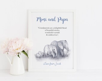 Personalized Christmas Gift For Mimi And Papa, Elephant Art Print For Grandparents