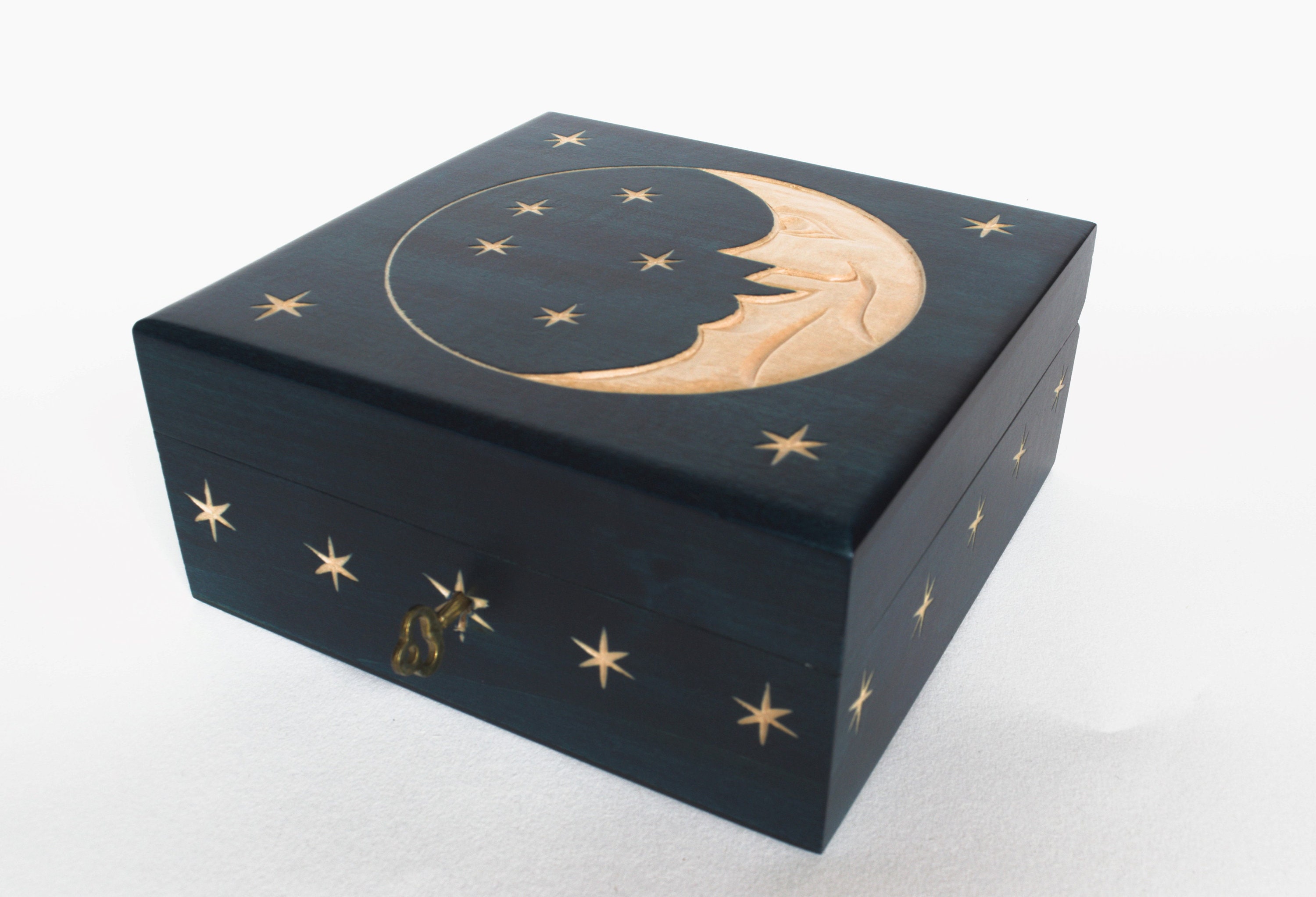 Large handmade Lockable Wooden Box/ Box with Moon and Stars/ Keepsake…