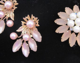 Vintage Rhinestone Brooch & Earrings Set: Pink Frosted Pearl, 1950s Retro