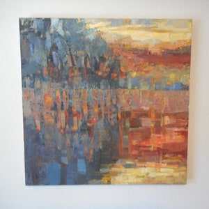 Vintage Artwork Mirror Reflection Impasto Impressionist Landscape Mid Century Original Oil Painting Landscape Blue Orange Abstract