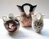Vintage Pueblo Native American Lot of 3 Bowl Indian Wedding Vase Pot Jug Double Spout Signed Hand Painted Pottery Dineh Binishtaa Blkhorse