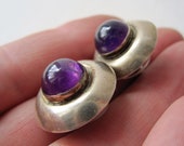 Round Domed Sterling Purple Stone Post Earrings Silver Button Earring Amethyst Color Cabochon Bezel Set