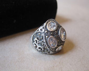 Vintage Sterling CZ & Marcasite Large Domed Ring Size 9