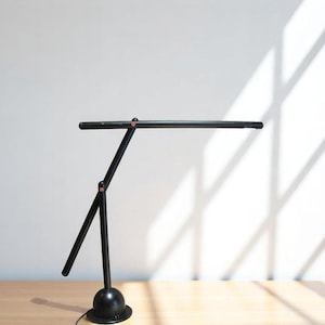 May include: A black adjustable desk lamp with a long, thin arm and a round base. The lamp is on a wooden table.