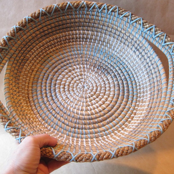 Vintage Patterned Coil Wide Gathering Basket Tray 18" x 4" Natural Material Handled Edge Blue White Plastic Lashing Decorative Low Basket