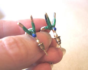 Vintage Hummingbird Post Earrings: Gold Toned With Enamel 1" Half Hoops