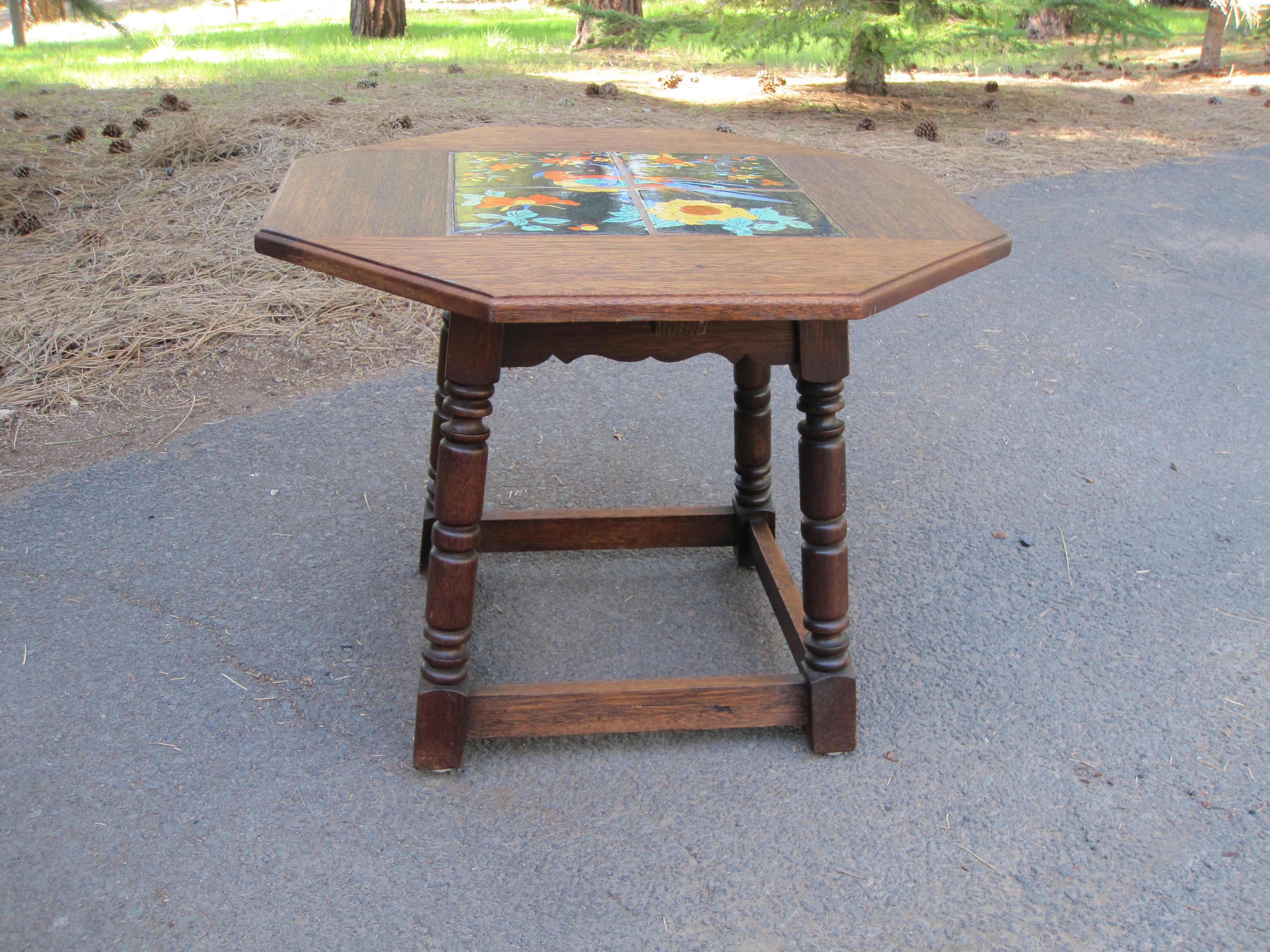Vintage Tile Top Table: Octagonal Bird Parrot Arts & Crafts Side 
