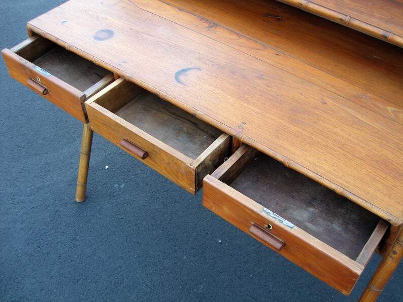 1900s Teak Writing Desk Bamboo Trim Turned Leg Detail Compass Leg 3 Drawers Shelf English Victorian Oriental Period Japan Secretary Table