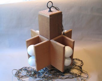 Mid Century Danish Modern Redwood Swag Light Hanging Lamp Ceiling Fixture Wood Frame Mod Round Globe Bulbs