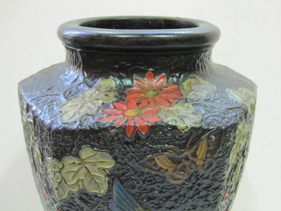 Vintage Tall Tokanabe Vase Nippon Black Pottery Japan Antique Etsy
