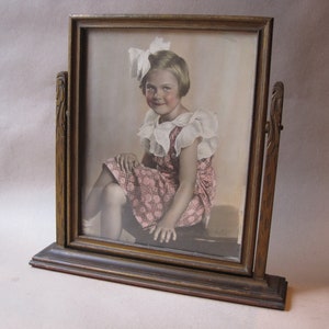 Antique Tilt Frame Swivel Table Top Picture Frame Framed Print Portrait Child Girl Art Deco Lithograph 1920-30s Vintage Photo Standing Frame