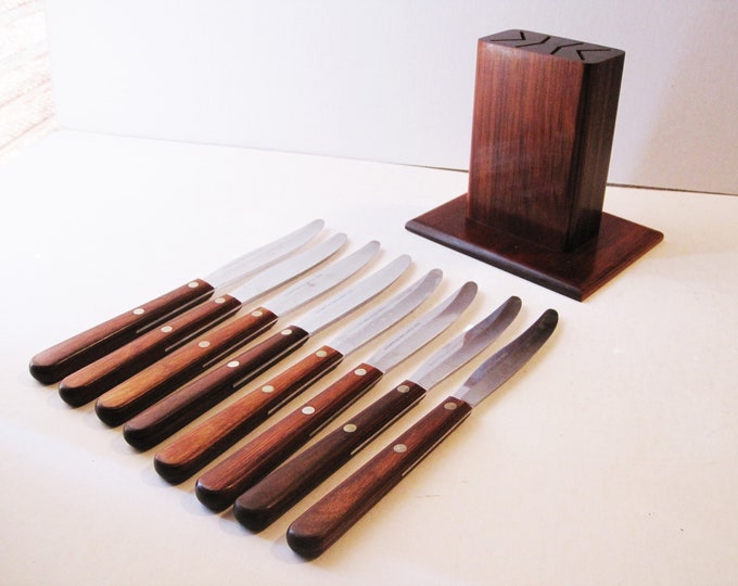 Vintage Danish Modern Rosewood Steak Knives With Knife Block Etsy
