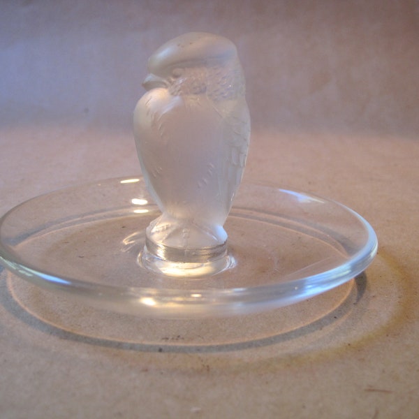 Vintage Lalique France Bird of Prey Ring Dish Frosted Crystal Hawk 3" Round Jewelry Holder Pin Tray Signed Art Glass Trinket Bowl Sculpture