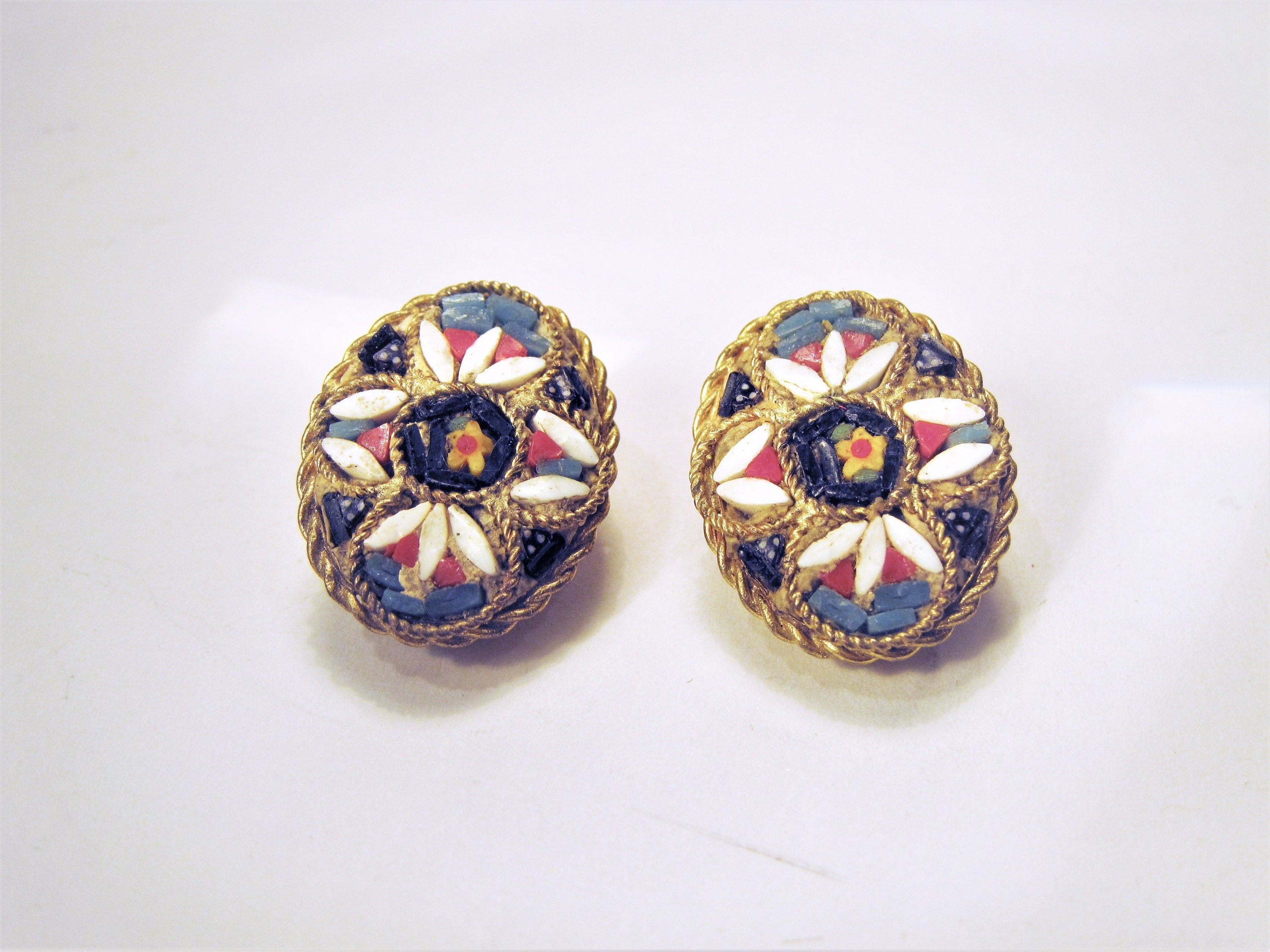 Boucles D'oreilles Anciennes Clips Micro Mosaïque émail Fleurs - Occasion, Alliage, Fermoir Clip, Multicolore