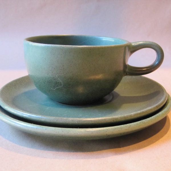 Early Vintage Edith Heath Pottery Cup Saucer Plate Coupe Line Green Speckle Matte Glaze Rim Mid Century Modern CA Studio Pottery Stoneware