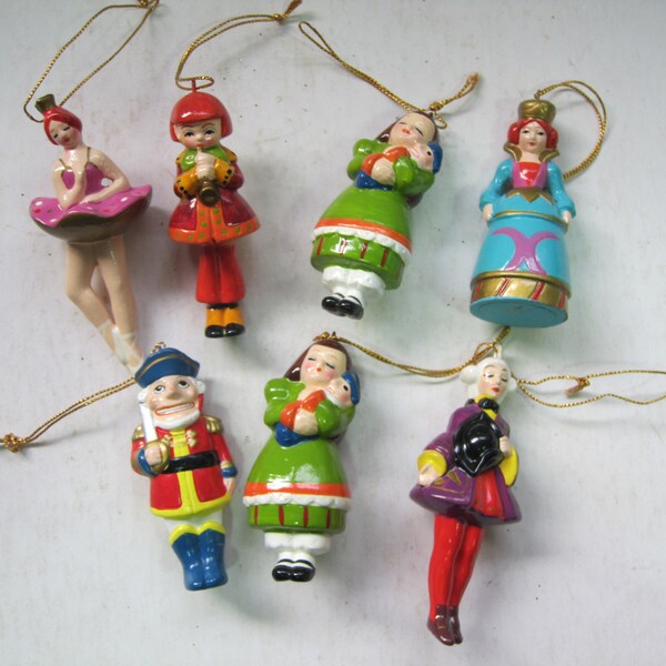 Vintage Set of 7 Hand Painted Resin Nutcracker Ballet Christmas Tree Ornaments