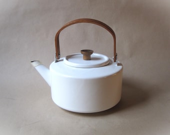 Vintage White Enamel Tea Kettle: Mid Century Modern Copco Style Wood Handle