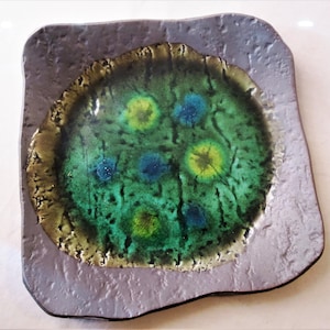 Vintage Crackle Glass Studio Pottery Modern Mid Century Chartreuse Blue Square Plate