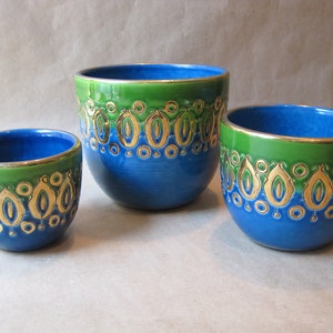Vintage Set of 3 Nested Bowls Italian Raymor 1960s Aldo Londi for Bitossi Italy Pottery Planter Blu Green Gold Nesting Deep Bowl 3.75"- 6"h
