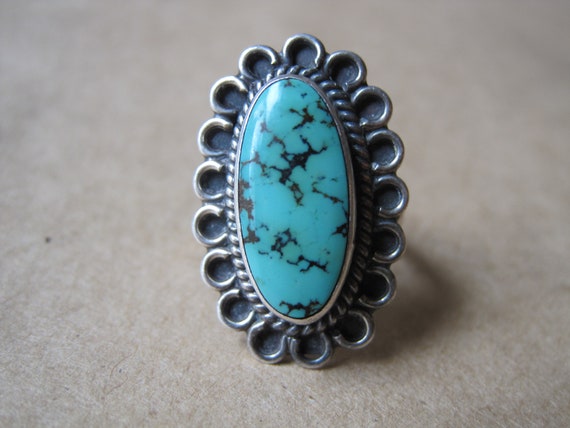 Vintage Navajo Sterling Turquoise Ring Sz 5.5 Ova… - image 1