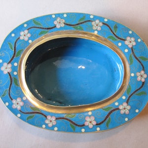 Vintage 9" x 6" Enamel Brass Oval Planter Dish Enamel Blue Pink Flower Cloisonne Oblong Rimmed Low Ikibana Bonsai Asian Shallow Bowl Pot