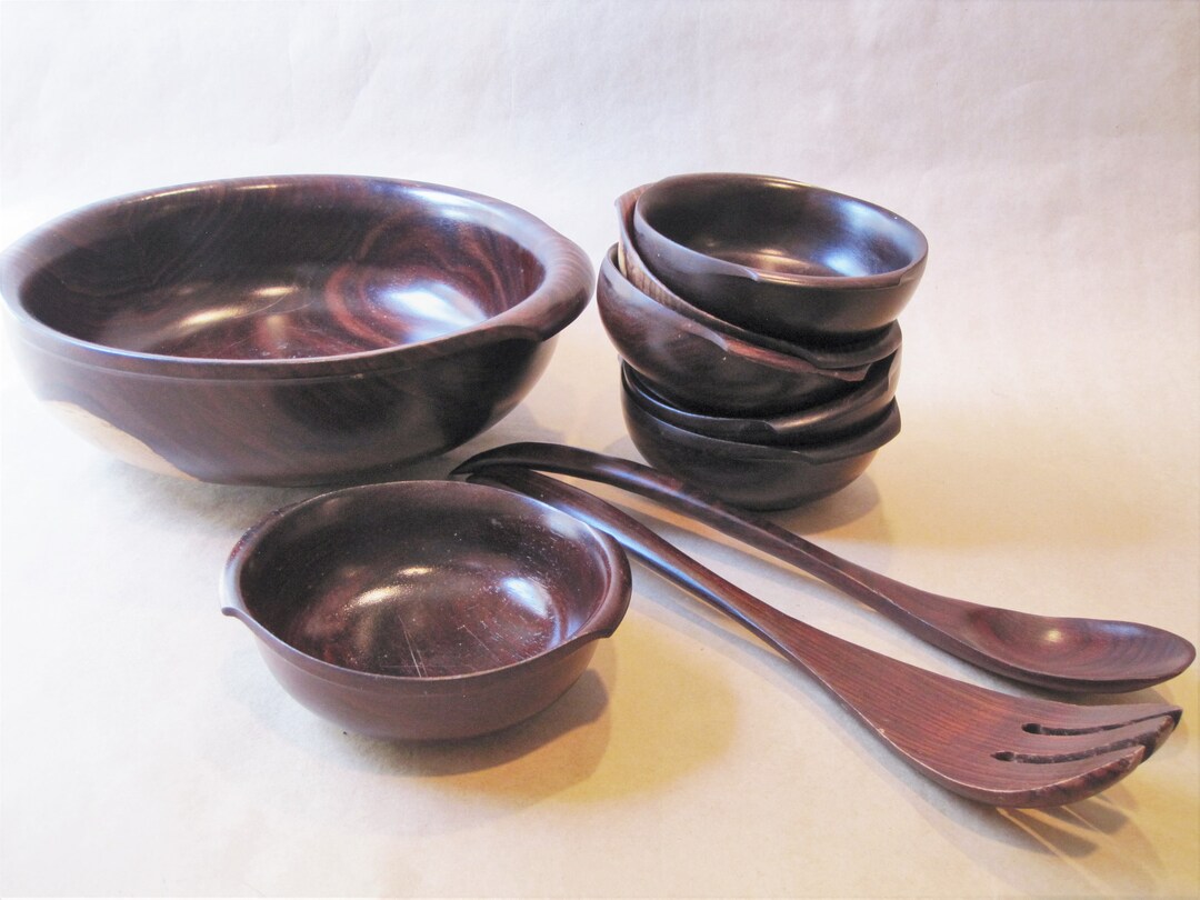 Danish Modern Solid Rosewood Round Wood Salad Bowl Set Thin Edge Lip Handle Turned Exotic Wood