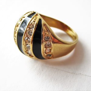 Vintage 18K Heavy Gold Electroplate Domed Stone Ring SZ 7 Taiwan NOS 1980s Glam Black White Stripe Dome CZ Cocktail Dressy Evening Gems