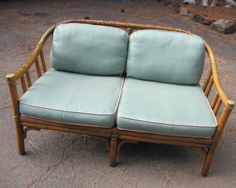 Vintage 1970s McGuire Bamboo Rattan Loveseat Small Sofa Two Seater Woven Leather Detail Mid Century Blue Cushions High End Designer