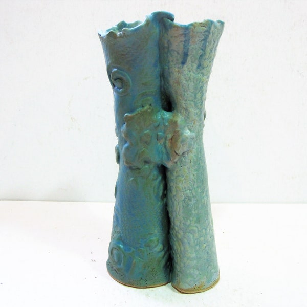 Studio Art Pottery Vase Organic Sculptural 10" Vase Brutalist Double Opening Top Hugging Trees Blue Green Earth Day Tree Friend Hug Vessel