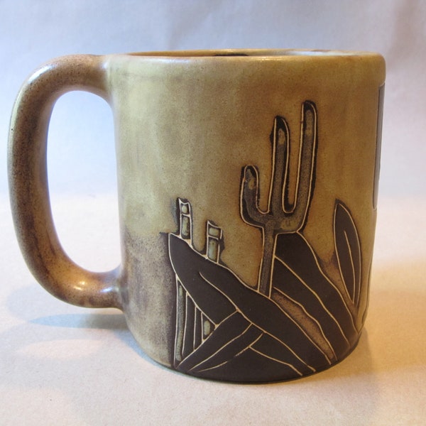 Mara of Mexico Large Pottery Mug Coffee Cup Tonala Clay Art Mexican Stoneware Kokapelli Saguaro Cactus Southwest Tan Brown Heavy Mug