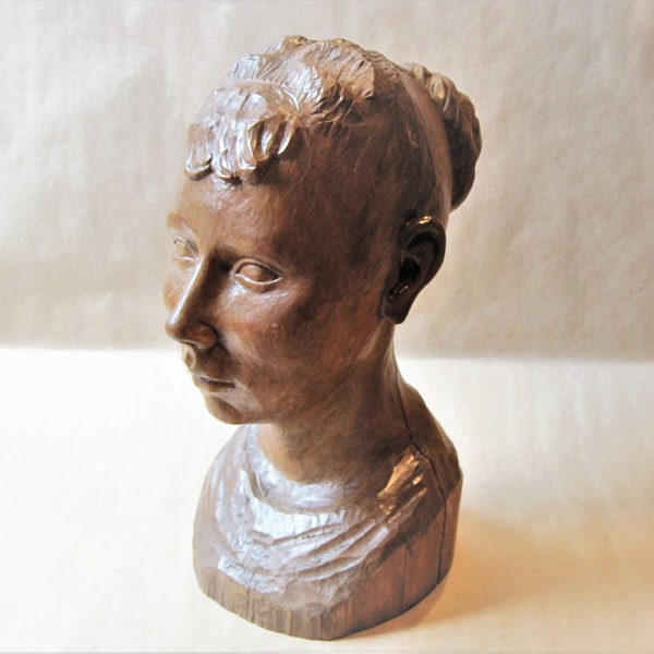 Vintage Hand Carved Wood Bust Sculptural Architectural Art Object Wooden Womens Head Antique 1890s Style Victorian Hair Hat Stand Display
