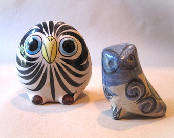 Lot of 2 Vintage Tonala Burnished Glazed Owl Figures Hand Made Pottery Mexico Clay Hand Painted Mid Century Owls Birds 3" - 4"H