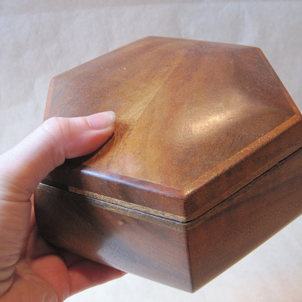 Vintage Solid Walnut Wood Box 6"x7.5" Hinged Hexagon Container Lidded Felt Lined Jewerly Box Smooth Domed Container Artisan Finely Made Art