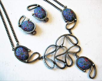 1940s Hobe Enamel Bib Necklace & Clip Earrings: Art Deco Demi Parure