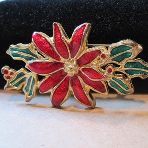 Vintage Holiday Christmas Pin Brooch Figural Poinsettia Flower Gold Tone Mid Century Modern Enamel Retro 2&quot; Green Red Floral Pin