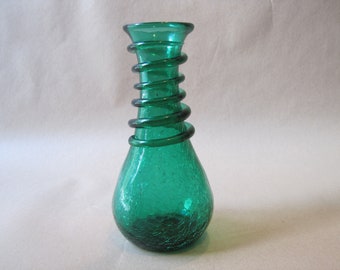 Vintage Emerald Green Blown Glass Vase Art Glass Flared Vase 7.25"H Mid Century Modern Threaded Spiral Blown Glass Blenko Crackle Texture