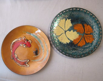 Vintage Set of 2 Enamel Copper Dish, Plate Koi Fish, Fall Leaves Pierced Edge, Mid Century Danish Modern Enamelware