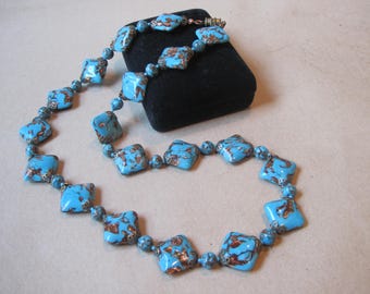 Vintage Murano Glass Beaded Necklace: Turquoise Blue Copper Aventurine, 24"