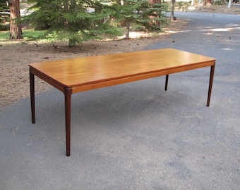 Vintage 1960s Teak Coffee Table Rosewood Leg Slide Out Black Formica Cocktail Holder Danish Modern Denmark Mid Century Ole Wanscher 63 x 24